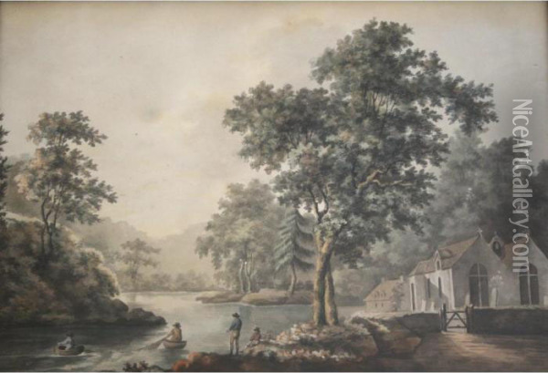 River Landscape Scenes With Figures And Animals Oil Painting - John Warwick Smith