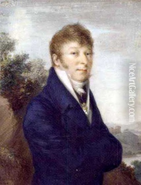 A Young Gentleman Standing With Folded Arms In A Landscape, In Blue Coat, White Waistcoat And Tied Cravat, Wearing The Cross Of The Order Of Malta On A Black Ribbon Around His Neck... Oil Painting - Anton Richter