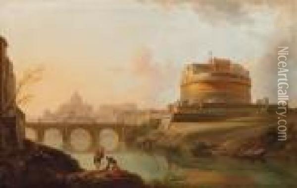 Roma: Il Tevere Con Castel Sant'angelo E San Pietro Sullo Sfondo Oil Painting - Antonio Joli