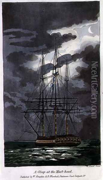 Asleep at the Mast-Head, plate from The Adventures of Johnny Newcome in the Navy by John Mitford 1782-1831 engraved by W. Read, 1818 Oil Painting - Thomas Rowlandson