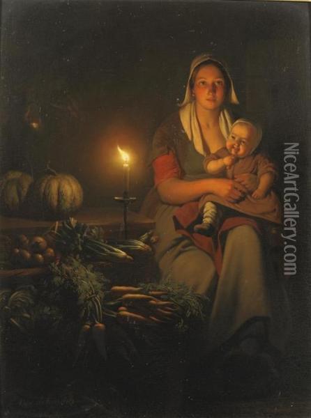Mother And Child At The Night-market Oil Painting - Petrus van Schendel