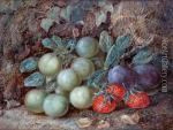 Still Life Of Plums, Greengages Andstrawberries On A Mossy Bank Oil Painting - Vincent Clare