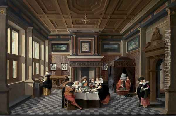 An Interior with Ladies and Gentlemen Dining Oil Painting - Dirck Van Delen