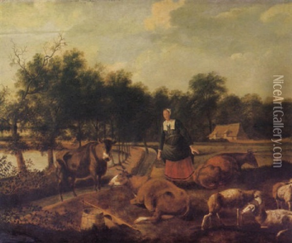 Bauersfrau Mit Kuhen Und Schafen Auf Der Weide Oil Painting - Egbert van Heemskerck the Elder