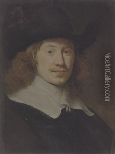 Portrait Of A Gentleman In Black Costume With A Lace Collar Oil Painting - Govaert Flinck