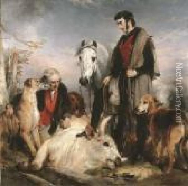 'scene In Chillingham Park: Portrait Of Lord Ossulston', Or 'death Of The Wild Bull' Oil Painting - Landseer, Sir Edwin