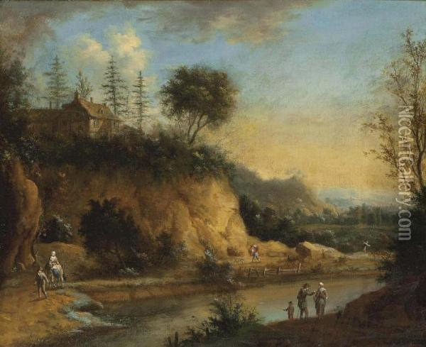 A River Landscape With Travellers On A Path, A Hilltop House Above Oil Painting - Johann Christian Vollerdt or Vollaert