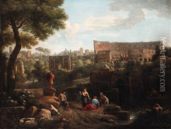 A Capriccio Of Rome With The Colosseum And The Arch Ofconstantine
Signed 'vblommen' [vb Linked] Oil Painting - Jan Frans Van Bloemen (Orizzonte)