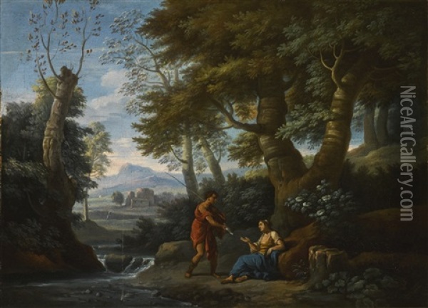 Landscape With A Fisherman And A Female Figure By A River Oil Painting - Andrea Locatelli