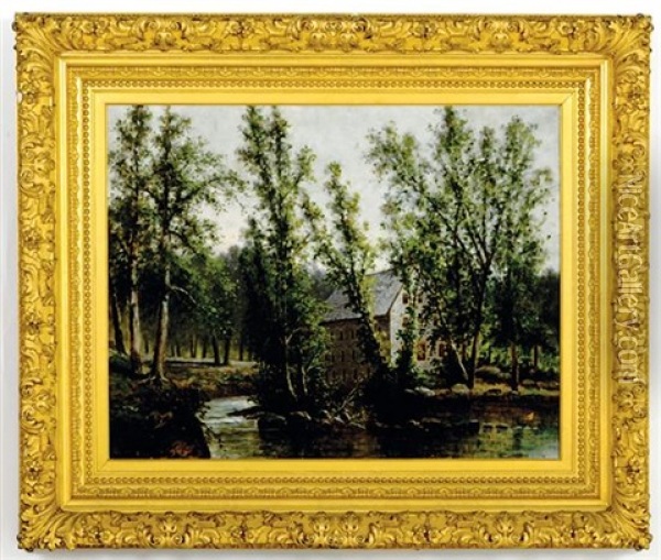 Millhouse Along Riverbank Oil Painting - William Henry Hilliard
