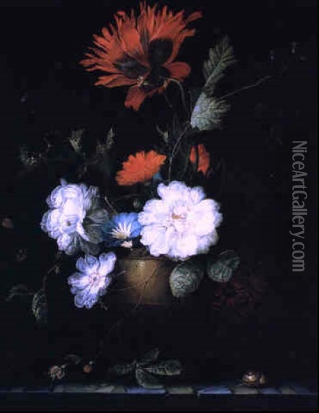 Bouquet De Fleurs Pos, Sur Un Entablement Oil Painting - Rachel Ruysch