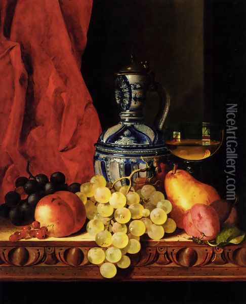 Still Life With Grapes, A Peach, Plums And A Pear On A Table With A Wine Glass And A Flask Oil Painting - Edward Ladell