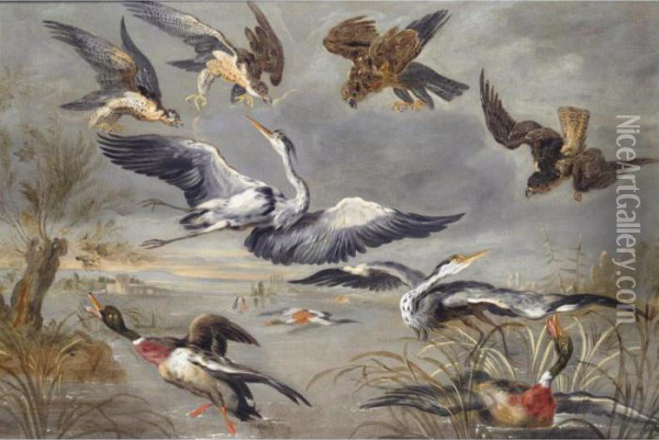Still Life Of Duck, Herons, And Birds Of Prey Oil Painting - Frans Snyders