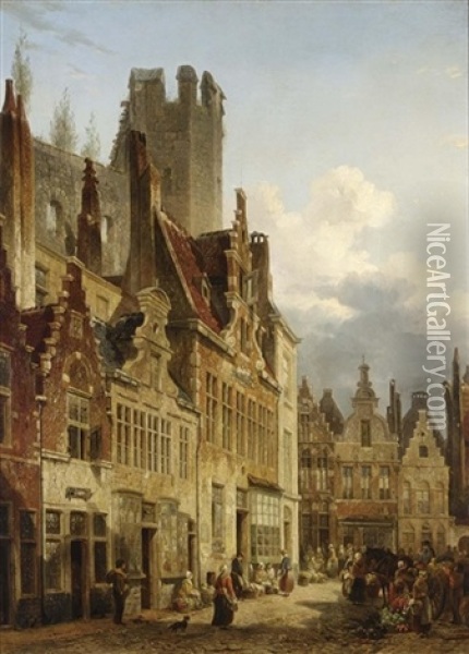 A Busy Market Scene In The Streets Of Ghent Oil Painting - Francois Jean Louis Boulanger