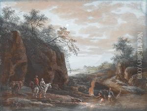 A Rocky River Landscape With Travellers Watering Their Horses At The Mouth Of A Cave Oil Painting - Louis Nicolael van Blarenberghe