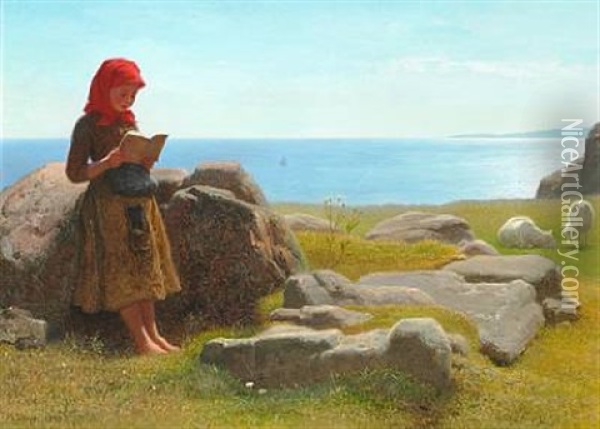 Coastal Scene With A Little Girl Reading, Presumably From Bornholm Oil Painting - Anton Laurids Johannes Dorph