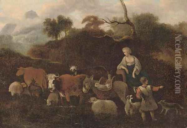 An Italianate landscape with a shepherd and shepherdess and their cattle Oil Painting - Simon van der Does