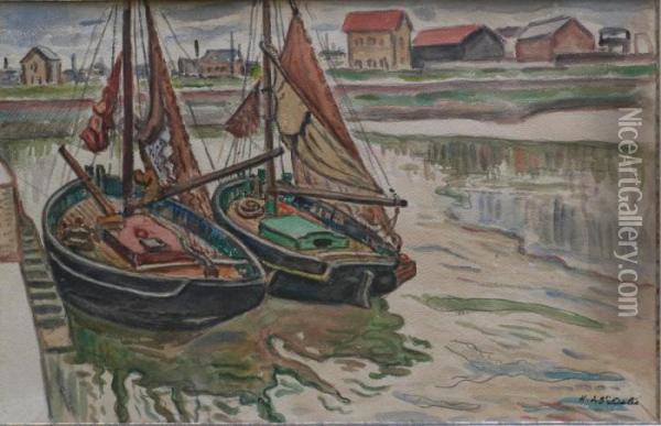 Bateaux A Quai Dans Le Port De Honfleur Oil Painting - Henri Lienard De Saint-Delis