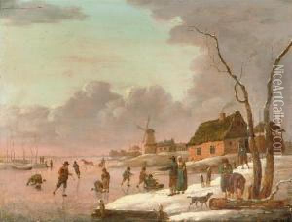 A Winter Landscape With Skaters 
On A Frozen River And Townsfolk Onthe Banks, A Windmill Beyond Oil Painting - Hendrick Willelm Schweickhardt
