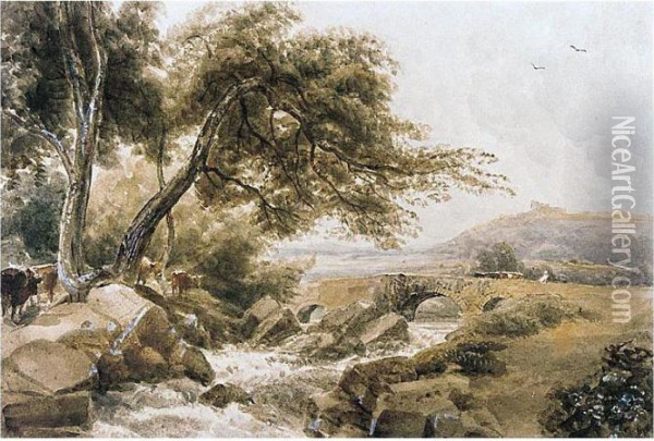 Cattle By A River, A Bridge Beyond Oil Painting - Peter de Wint