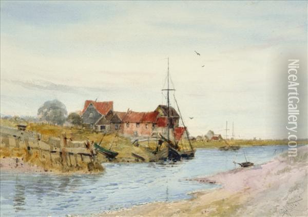 The Riverblythe, Suffolk, Low Tide, With Fishing Boats Oil Painting - George Dunkerton Hiscox
