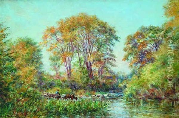 The Watering Place, Redeau River Near Ottawa, Ontario Oil Painting - Robert J. Wickenden