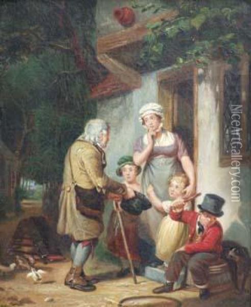 Figures Outside A Cottage, Gallery Label On Verso Oil Painting - John Anthony Puller
