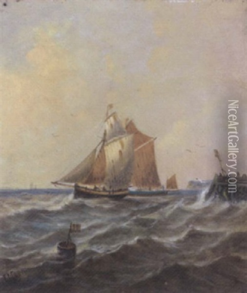 Fishing Schooners Coming Out Of Port, (newhaven?) Oil Painting - John Moore Of Ipswich