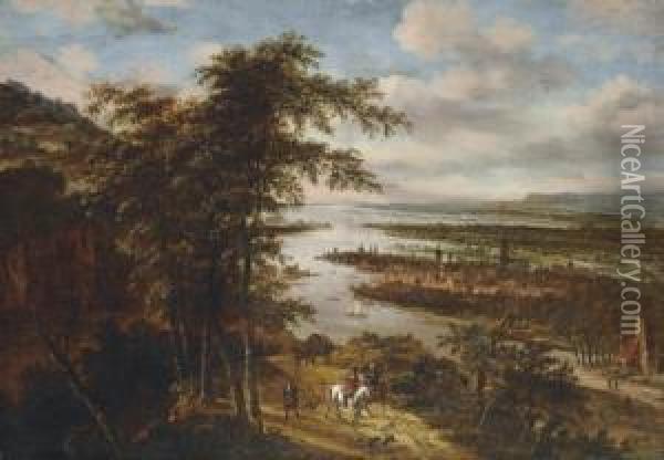 An Extensive River Landscape With Sportsmen On A Path, A Town Beyond Oil Painting - Dionys Verburgh