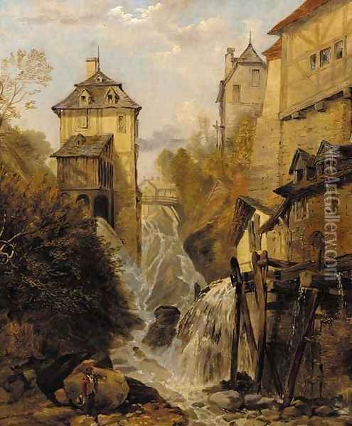 A waterfall through an Alpine town Oil Painting - George Clarkson Stanfield