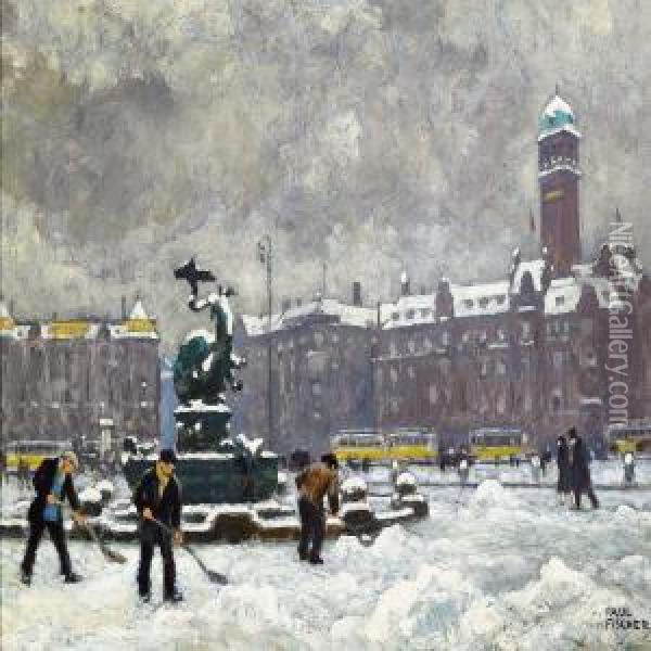 The Town Hall Squarein Copenhagen With The Dragon Fountain Oil Painting - Paul-Gustave Fischer