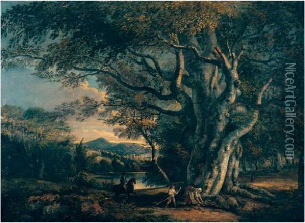 A Wooded Landscape With An Ancient Beech Tree, Ahuntsman And Mountains Beyond Oil Painting - Paul Sandby