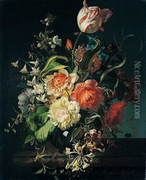 A Still Life Of Roses, Poppies, Carnations, A Tulip, Honeysuckle And Other Flowers In A Glass Vase Resting On A Marble Ledge Oil Painting - Rachel Ruysch