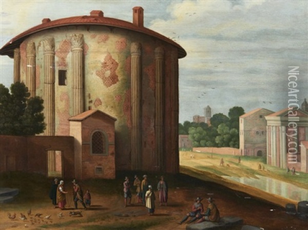 Vue Du Temple D'hercule A Rome Oil Painting - Willem van Nieulandt the Younger