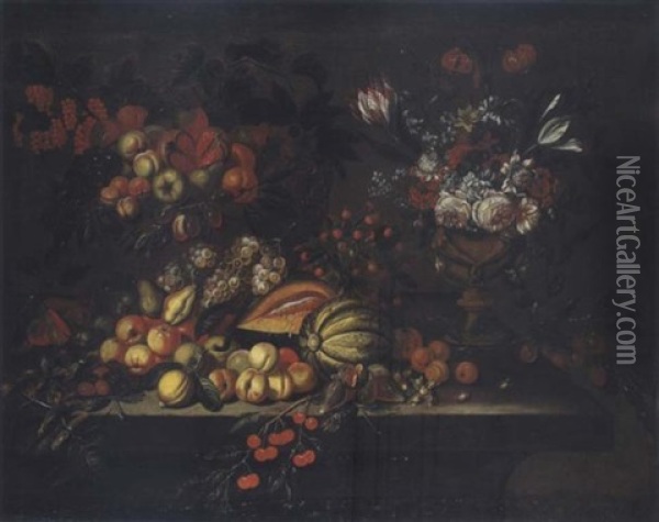 Nature Morte Au Bouquet De Fleurs Et Fruits Sur Un Entablement Oil Painting - Alexander Coosemans