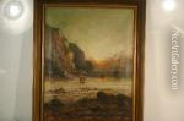 Sunset Craggy Coastal Scene With Figures And Beach Below Oil Painting - Frank Hider