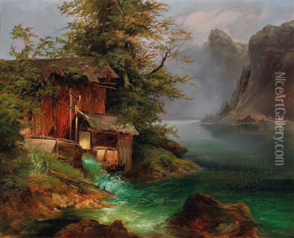 Mill On Lake Hallstatt Oil Painting - Franz Steinfeld