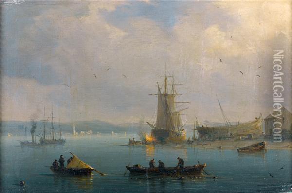 Barques De Pecheurs Devant Un Chantier Naval Oil Painting - Herminie Gudin
