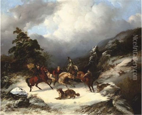Horsemen Surprised By A Pack Of Wolves Oil Painting - Henry Lot