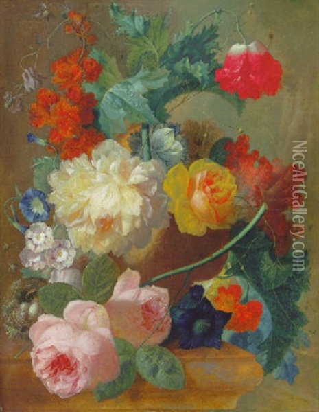 Roses, A Poppy, Bougainvillea, Paeonies, Morning Glory, Primulas And A Coxcomb In A Terracotta Vase With A Bird's Nest On A Marble Ledge, A Landscape Beyond Oil Painting - Jan van Os