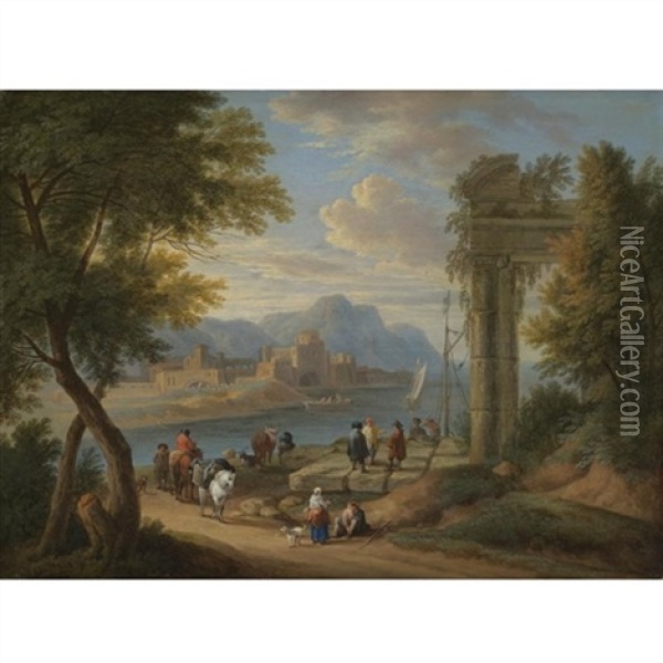 A River Estuary With Fishermen And Travellers Resting Beneath A Ruin, A Mountainous Landscape Beyond ( Collab. W/ Adriaen Fransz. Boudewijns) Oil Painting - Pieter Bout