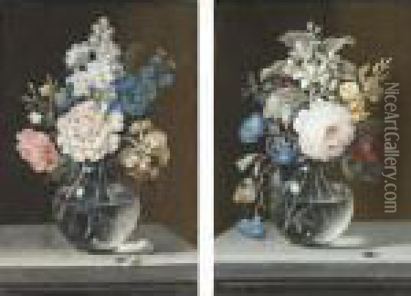 A Pair Of Still Lifes With 
Roses, Orange Blossoms, Convulvuli, Carnations, And Anenomes, In Glass 
Vases With Insects Oil Painting - Barbara Regina Dietzsch