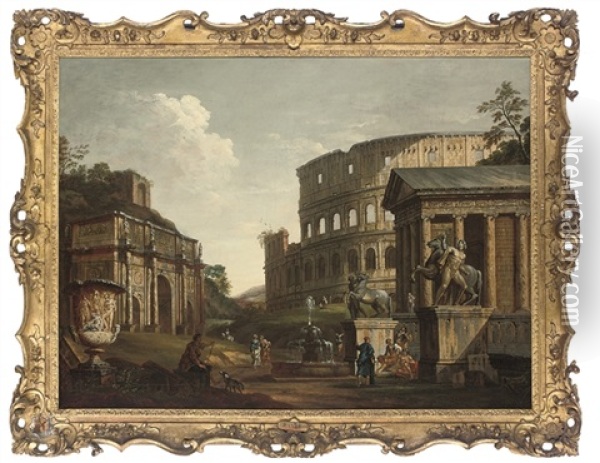 An Architectural Capriccio Of The Arch Of Constantine Oil Painting - Giovanni Paolo Panini