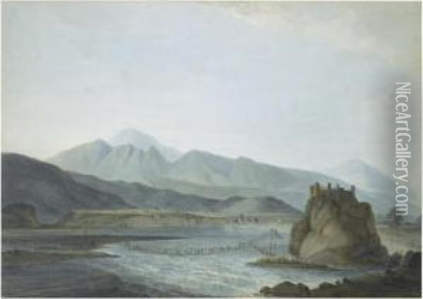 The Rope Bridge, Srinagar, Garhwal, Uttaranchal Oil Painting - Thomas Daniell