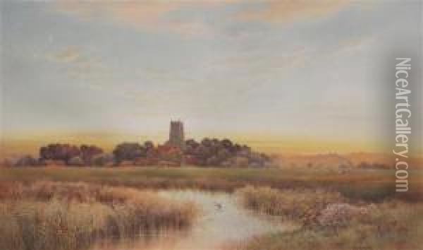Landscape At Sunset With Church And Cattle Oil Painting - Thomas Noelsmith