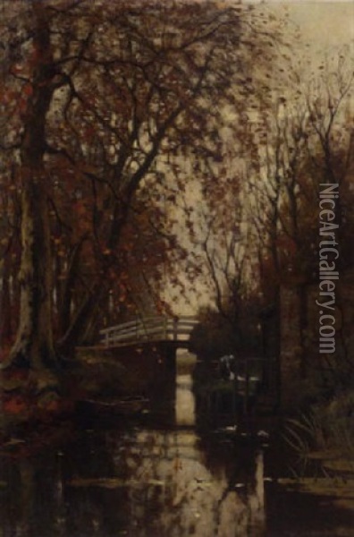 An Autumn Forest With A Washerwoman Near A Bridge Oil Painting - Petrus Paulus Schiedges the Younger