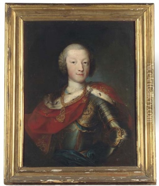Portrait Of King Vittorio Amedeo Iii Of Sardinia, As A Young Man, Half-length, In Armour With A Red Cloak Trimmed With Ermine Wearing The Order Of Annunziata Oil Painting - Giorgio Domenico Dupra