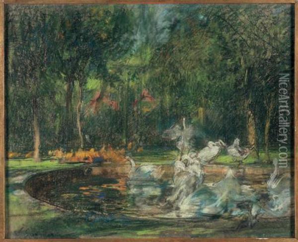 Il Lago Dei Cigni Ai Giardini Reali Oil Painting - Vittorio Cavalleri