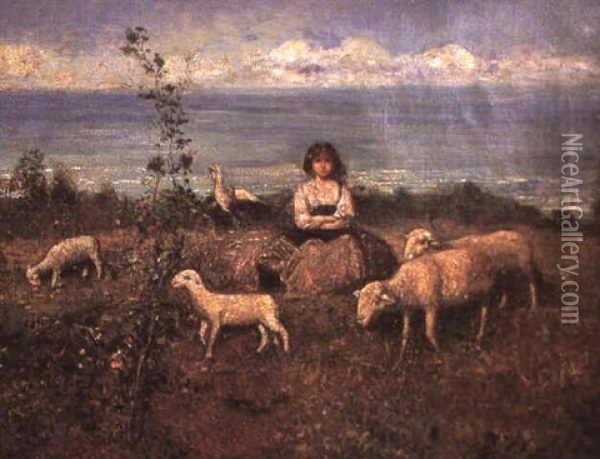 Shepherdess And Flock On The Coast Oil Painting - Francesco Paolo Michetti