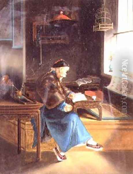 A Chinaman reading in his study Oil Painting - Lam Qua